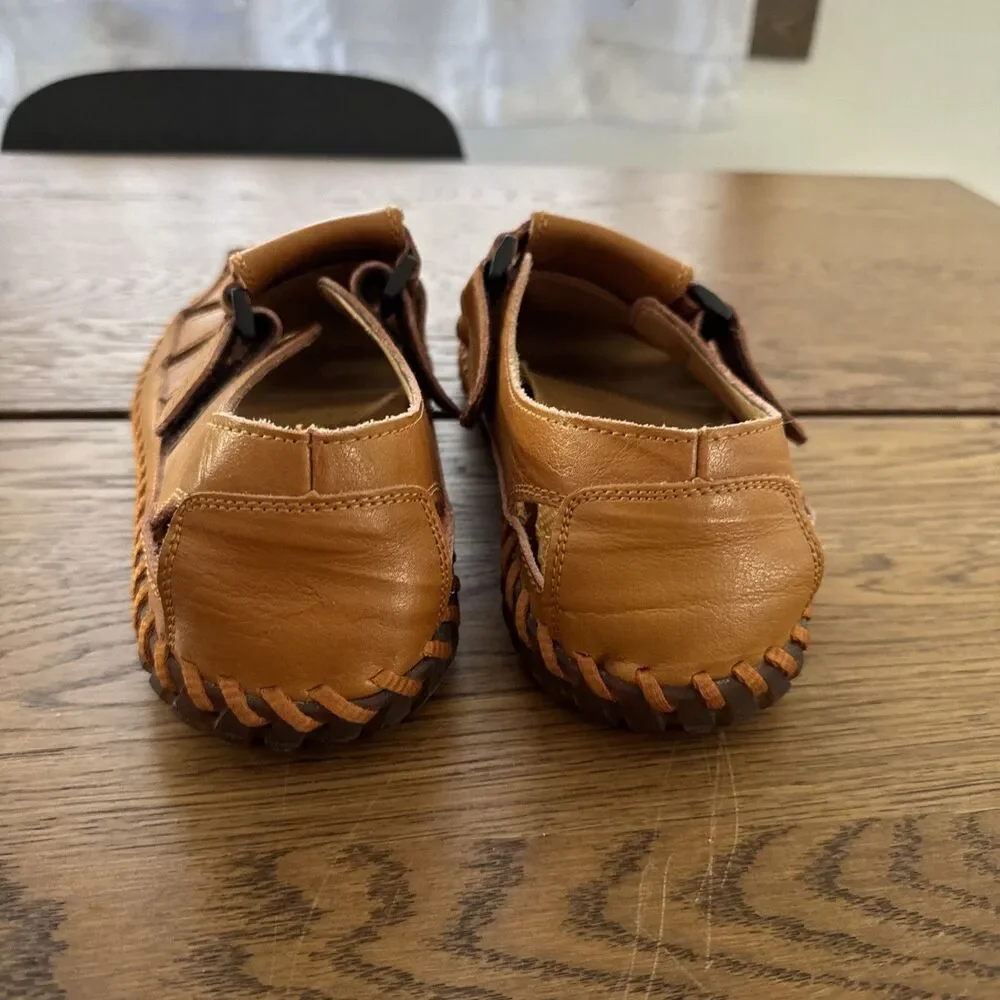 Men’s Tan Leather Closed Toe Fisherman Sandals Basket Weave Comfort Size 11 1/2